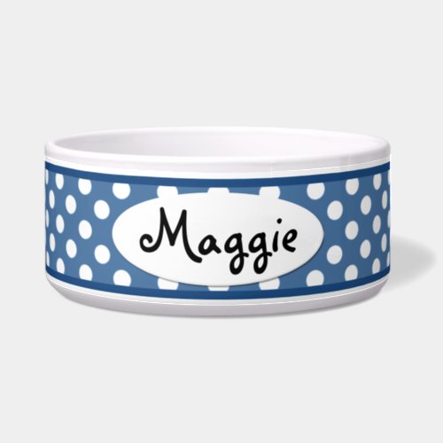 Blue Polka Dot Personalized Ceramic Dog Bowl