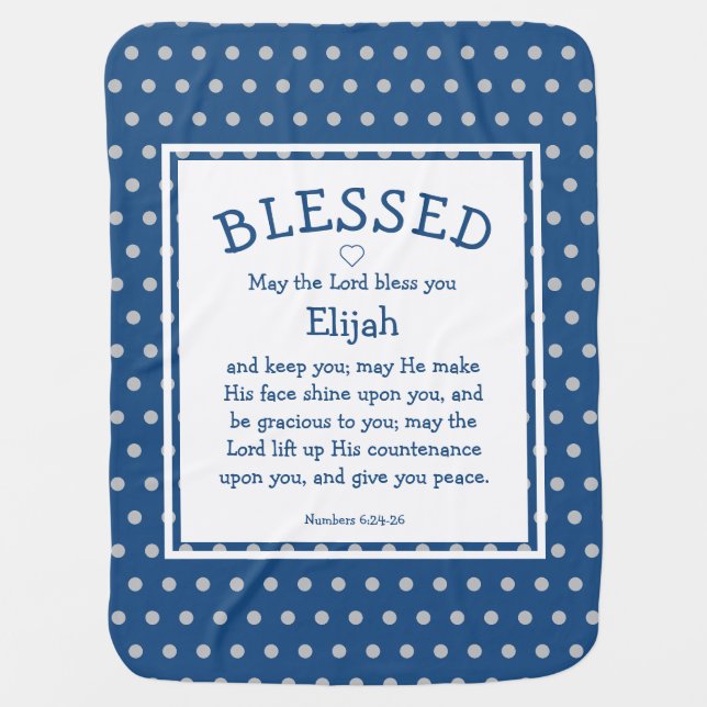 Blue Polka Dot Personalized Christian Blessing Baby Blanket (Front)