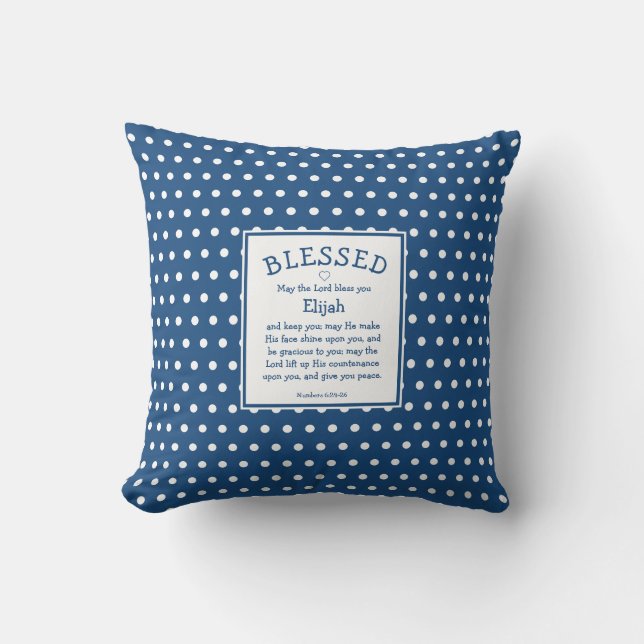 Blue Polka Dot Personalized Christian Blessing Throw Pillow (Front)