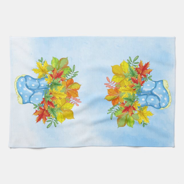 Blue Polka-dot Rain Boots Fall Leaves Kitchen Towel (Horizontal)