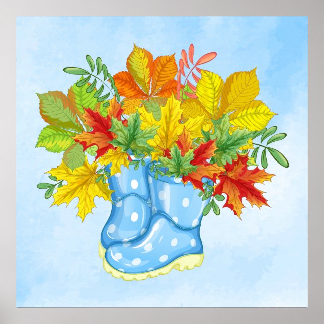 Blue Polka-dot Rain Boots Fall Leaves Poster (Front)