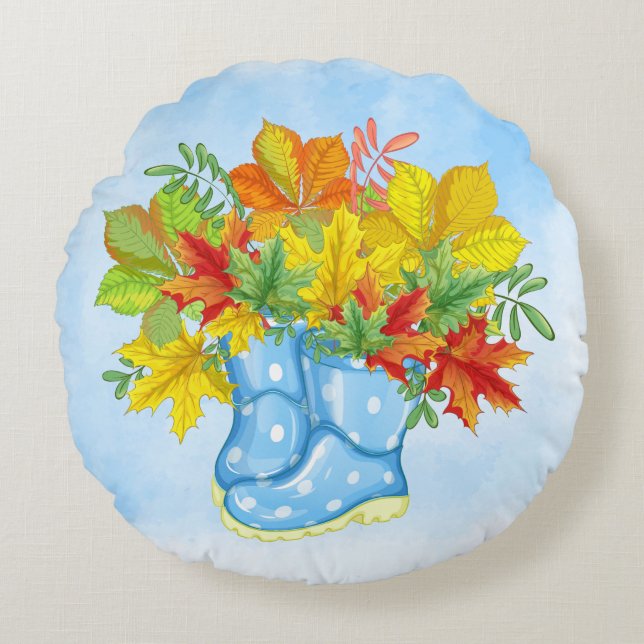 Blue Polka-dot Rain Boots Fall Leaves Round Pillow (Front)