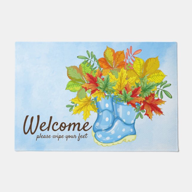 Blue Polka-dot Rain Boots Fall Leaves Welcome Doormat (Front)