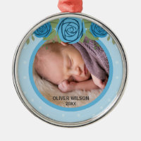 Blue Polka Dot Roses Baby's First Christmas Photo Metal Ornament