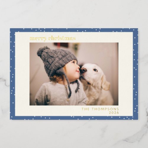 Blue Polka Dot Snow Simple Photo Gold Foil Holiday Card