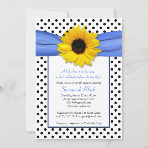 Blue Polka Dot Sunflower Boy Baby Shower Invite