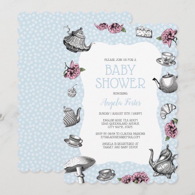 Blue Polka Dot Tea Party Baby Shower Invitation (Front/Back)