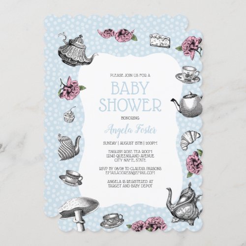 Blue Polka Dot Tea Party Baby Shower Invitation