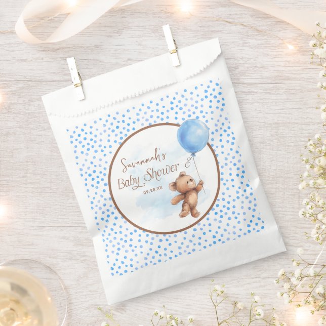 Blue Polka Dot Teddy Bear Baby Shower Favor Bag (Clipped)