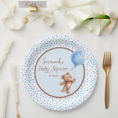 Blue Polka Dot Teddy Bear Baby Shower Paper Plate