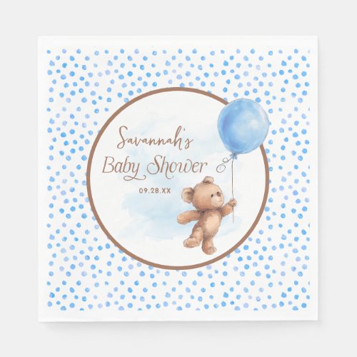 Blue Polka Dot Teddy Bear Balloon Baby Shower  Napkins