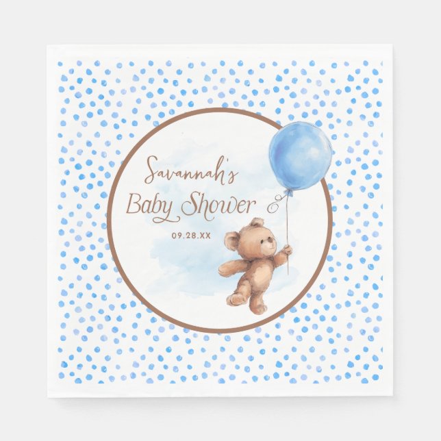Blue Polka Dot Teddy Bear Balloon Baby Shower  Napkins (Front)