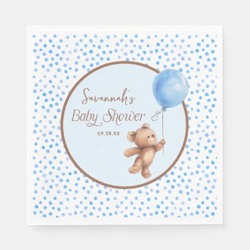 Blue Polka Dot Teddy Bear Balloon Baby Shower  Napkins
