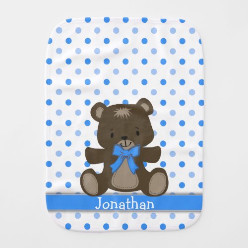 Blue Polka Dot Teddy Bear Personalized Baby Burp Cloth