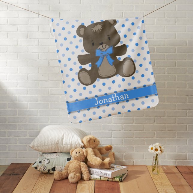Blue Polka Dot Teddy Bear Personalized Swaddle Blanket (In Situ)