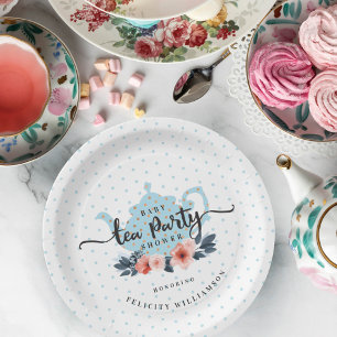 Blue Polka Dot Vintage Floral Teapot Baby Shower Paper Plates