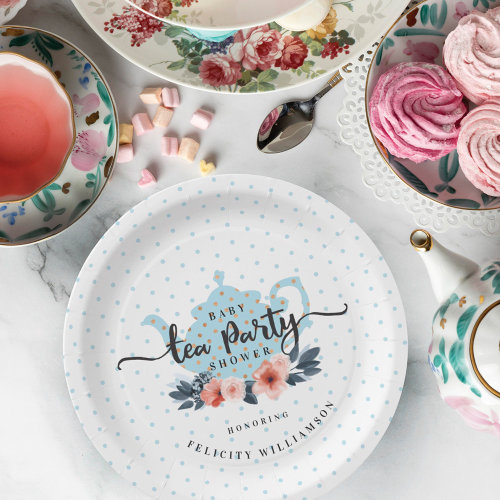 Blue Polka Dot Vintage Floral Teapot Baby Shower