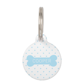 Blue Polka Dots And Dog Bone &amp; Custom Pet Info ID Tag