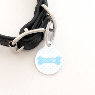 Blue Polka Dots And Dog Bone & Custom Pet Info ID Tag