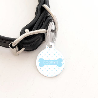 Blue Polka Dots And Dog Bone &amp; Custom Pet Info Pet ID Tag