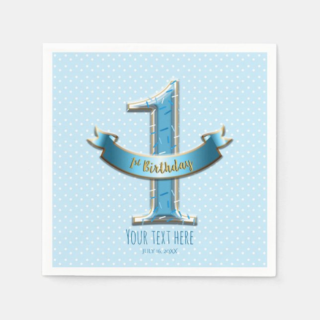 Blue Polka Dots & Banner ONE 1st 1 Birthday Party Napkins (Front)