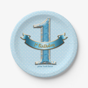 Blue Polka Dots & Banner ONE 1st 1 Birthday Party Paper Plates
