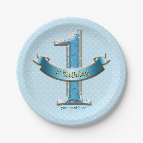 Blue Polka Dots  Banner ONE 1st 1 Birthday Party Paper Plates