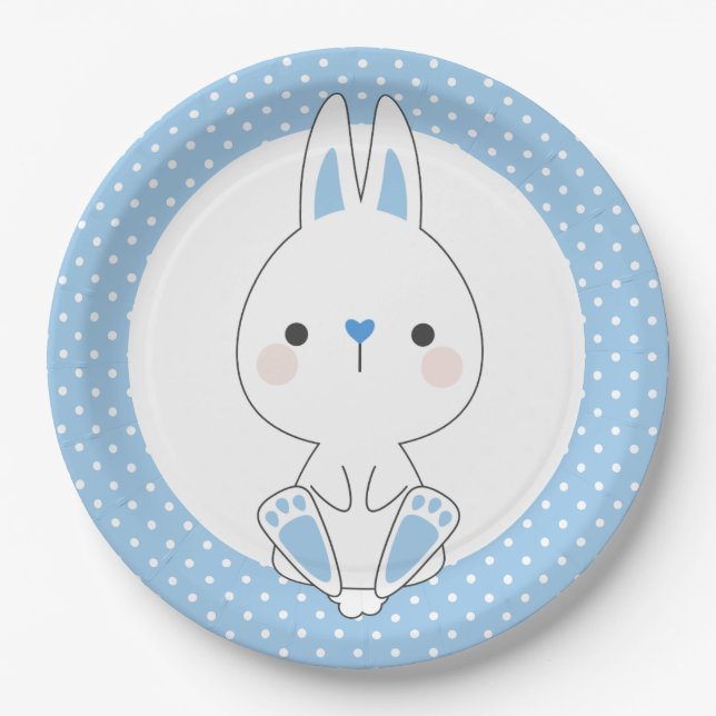 Blue Polka Dots & Cute Bunny Baby Shower Birthday Paper Plates (Front)