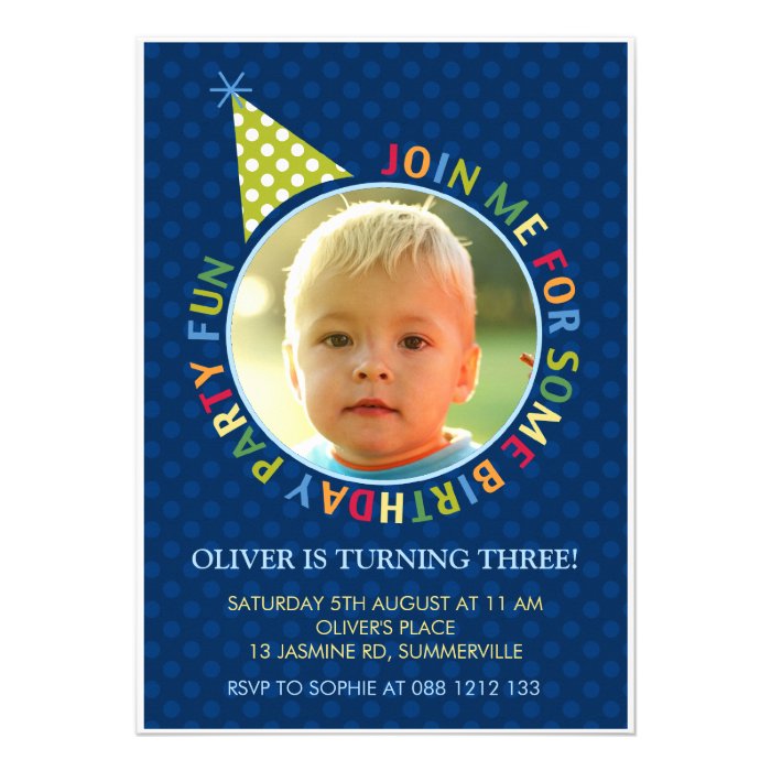 Blue Polka Dots Fun Kids Photo Birthday Invitation