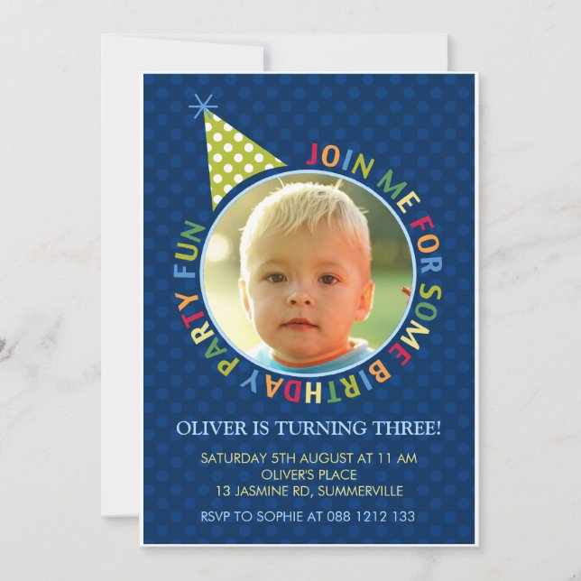 Blue Polka Dots Fun Kids Photo Birthday Invitation (Front)