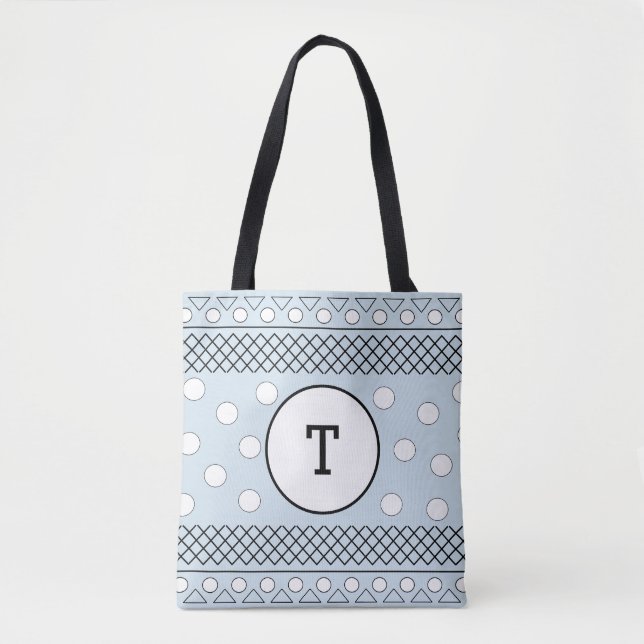 Blue Polka Dots Geometric Pattern Monogram Tote Bag (Front)