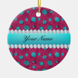 Blue Polka Dots Hot Pink Faux Diamonds Ceramic Ornament