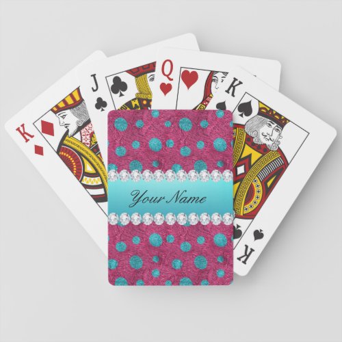 Blue Polka Dots Hot Pink Faux Diamonds Poker Cards