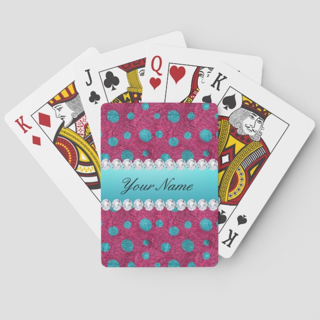 Blue Polka Dots Hot Pink Faux Diamonds Poker Cards (Back)