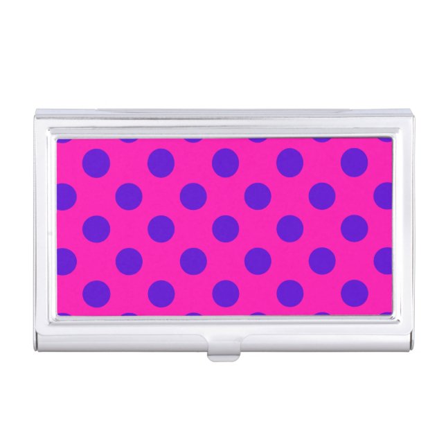 Blue polka dots on fuchsia business card case (Front)