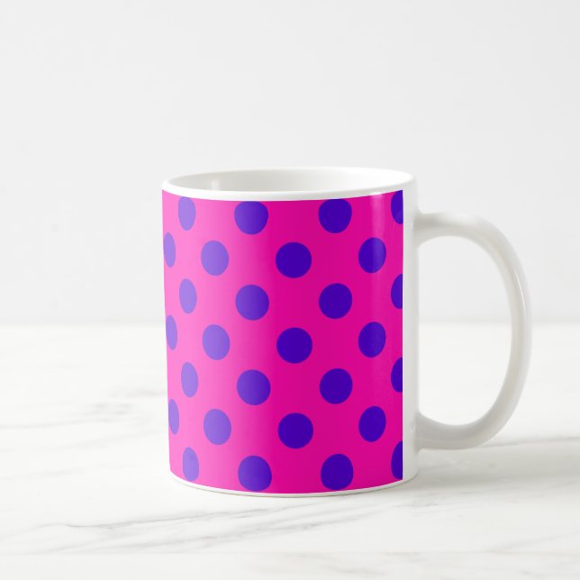 Blue polka dots on fuchsia coffee mug (Right)