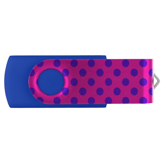 Blue polka dots on fuchsia flash drive (Front)