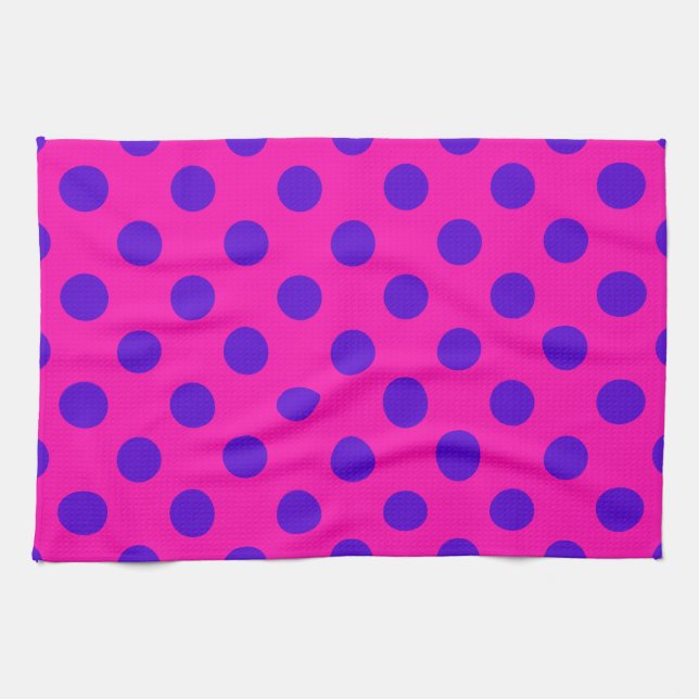 Blue polka dots on fuchsia kitchen towel (Horizontal)