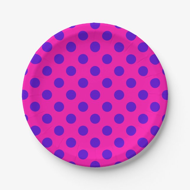 Blue polka dots on fuchsia paper plates (Front)