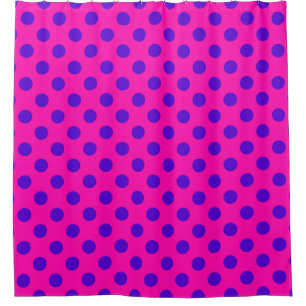 Blue polka dots on fuchsia shower curtain