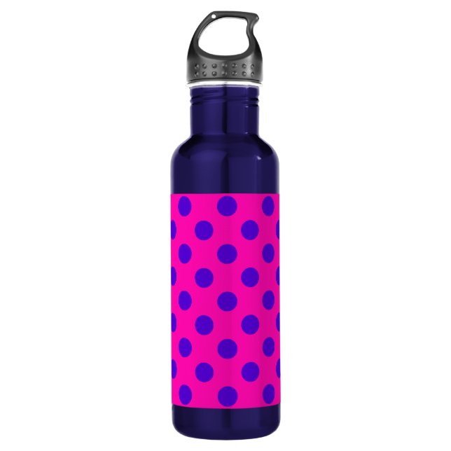 Blue polka dots on fuchsia water bottle (Front)