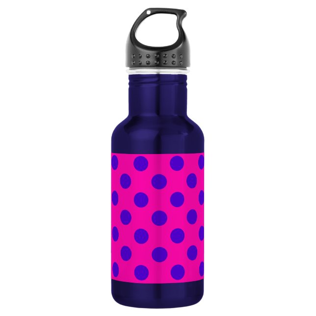 Blue polka dots on fuchsia water bottle (Front)