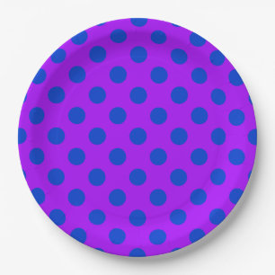 Blue polka dots on purple paper plates