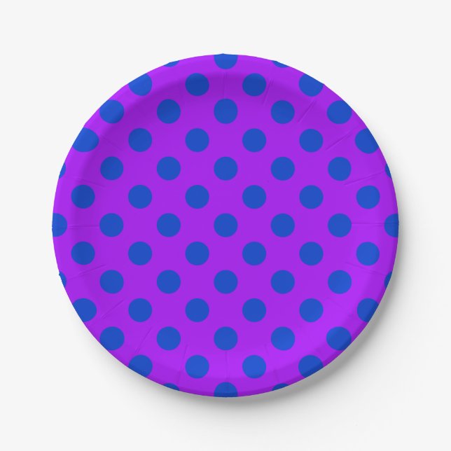 Blue polka dots on purple paper plates (Front)