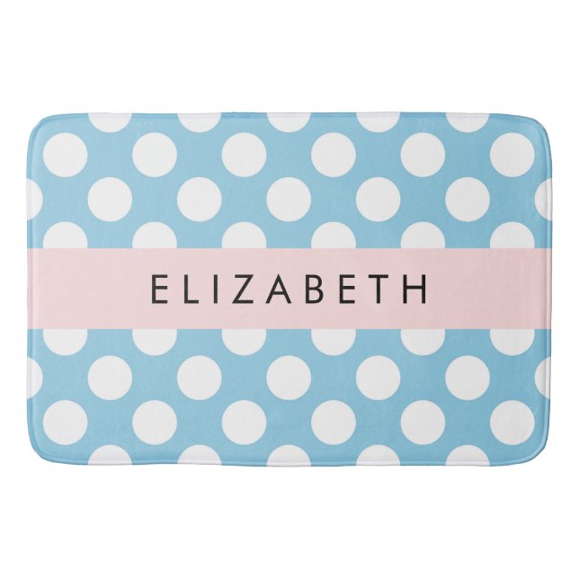 Blue Polka Dots, Polka Dot Pattern, Your Name Bath Mat (Front)