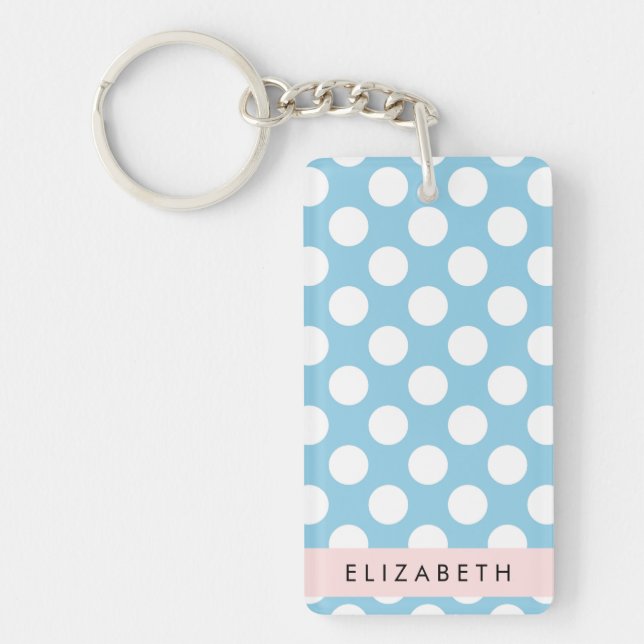 Blue Polka Dots, Polka Dot Pattern, Your Name Keychain (Front)