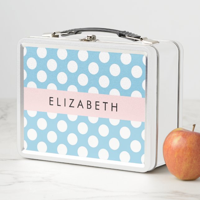 Blue Polka Dots, Polka Dot Pattern, Your Name Metal Lunch Box (In Situ)