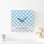 Blue Polka Dots, Polka Dot Pattern, Your Name Square Wall Clock<br><div class="desc">Cute,  fun and adorable polka dot pattern in blue and white color. Modern and trendy gift,  perfect for the polka dots lover in your life. Personalize by adding your name,  nickname,  monogram or initials.</div>