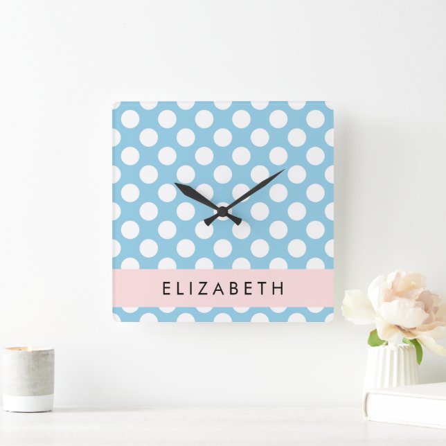 Blue Polka Dots, Polka Dot Pattern, Your Name Square Wall Clock (Home)