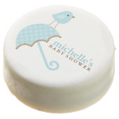 Blue Polka Dots Umbrella Baby Shower Chocolate Dipped Oreo (Angled)